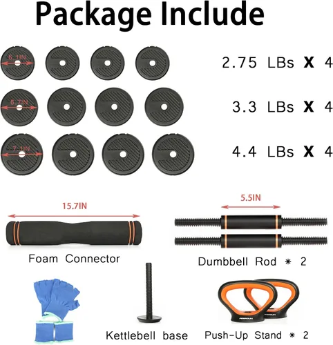 Miniatura 2 de Juego de mancuernas ajustables 4 en 1 para gimnasio en casa, juego de mancuernas de peso libre de 44 libras con conector utilizado como soporte