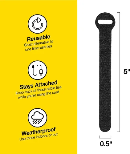 Miniatura 3 de Bridas de cable autoadheribles de Wrap-It Storage, negras, correas de 12.7 cm (paquete de 50) – Bridas de cable reutilizables con gancho y bucle