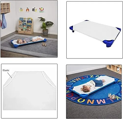 Miniatura 6 de Sábanas para cuna de preescolar para guardería, preescolar y esquinas con lazos elásticos para cuna, sábana bajera ajustable para cuna, sábana Azul