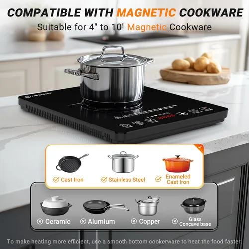 Miniatura 4 de AMZCHEF Placa de inducción portátil con 20 niveles de temperatura y potencia, quemador de estufa de inducción de 1800 W con bobina de calefacción