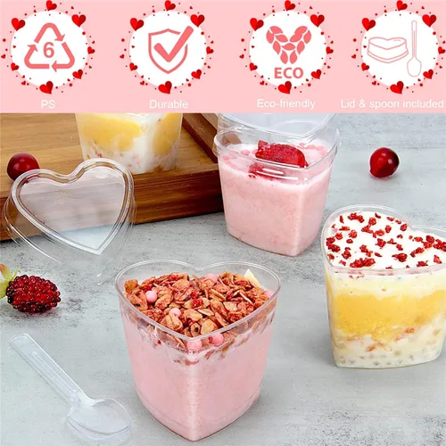 Miniatura 3 de 50 tazas de postre de plástico en forma de corazón con tapas y cucharas, tazas de parfait transparente de 5 onzas para el día de San Valentín