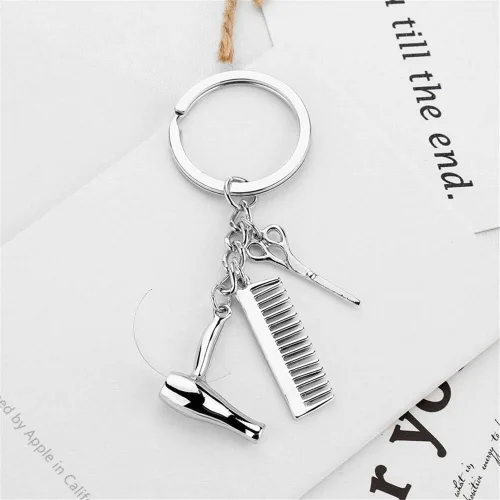 Miniatura 3 de Wixine 2 unids peluquero secador de pelo tijera peine llavero creativo llavero joyería regalos, Blanco,Oro