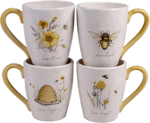 Bee Sweet - Juego de 4 tazas grandes de cerámica – Tazas de café de 22 onzas, té, chocolate caliente con diseño floral y abeja de granja, tazas