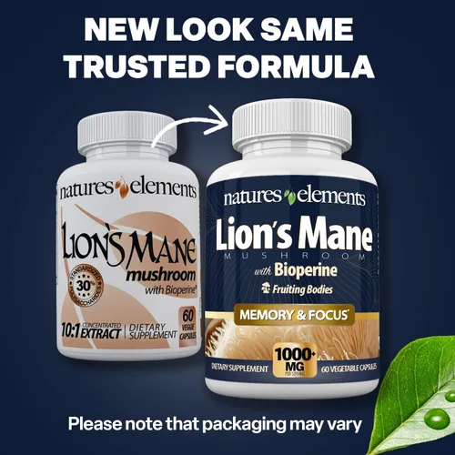 Miniatura 2 de Natures Elements Hongo melena de león con BioPerine – Extracto 10:1 – 1000 mg melena de león + 10 mg de bioperina – 30% polisacáridos – 60 cápsulas