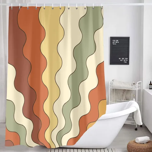 Miniatura 12 de Neutral Muted Earth Tone Wavy Shower Curtain Mid Century Modern Sage Taupe Blush Abstract Boho Bathroom Curtain Set with Hooks 36x72 Inch