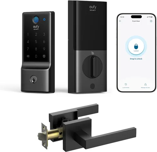 eufy Security - Cerradura inteligente C220 con manija de puerta, cerradura de puerta de entrada sin llave con huella dactilar, Wi-Fi incorporado,