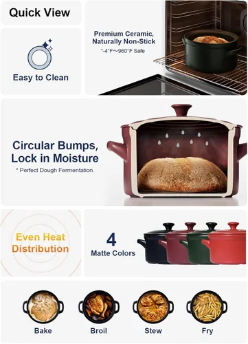 Miniatura 8 de LE TAUCI Horno holandés de cerámica de 3 cuartos - Ligero, no tóxico, no necesita curado - Apto para horno, microondas y lavavajillas, olla Rojo
