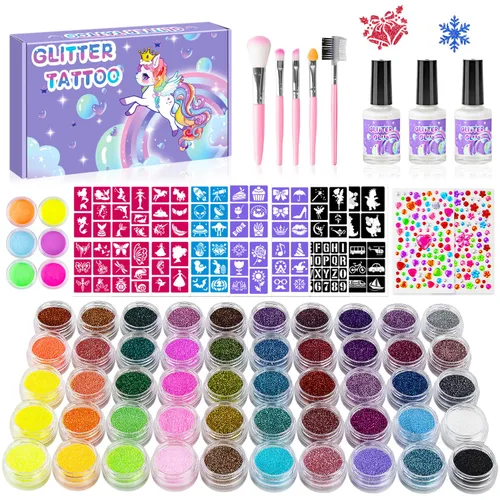 Tatuajes temporales con purpurina para niños, 50 colores de purpurina y 6 colores fluorescentes, 178 plantillas, 2 calcomanías de diamante, 3 56
