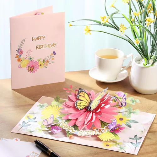 Miniatura 3 de Tarjetas de cumpleaños desplegables para mujeres y esposa, hermosas flores y mariposa monarca, elegante, floral 3D, tarjetas de felicitación