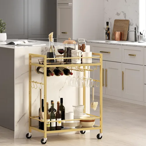 Miniatura 3 de TUTOTAK Carrito de bar, carrito de servicio para el hogar, carrito de bebidas, estante de cocina móvil con estante para vino y soporte para vidrio