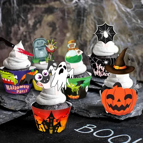 Miniatura 3 de 164 envoltorios para cupcakes de Halloween, tela de araña, calabaza, zombi, tartas de mano, suministros de decoración de fiesta