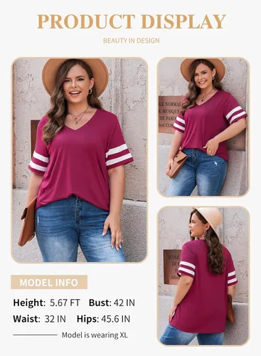 Miniatura 113 de Eytino Blusas de talla grande para mujer, cuello en V, manga corta, a rayas, casual, holgada, con bolsillo (1X-5X)