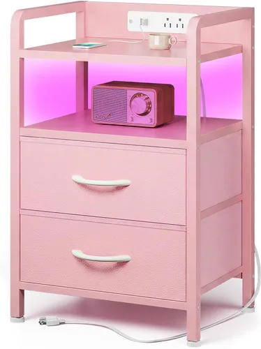 Miniatura 17 de Lazzanto Mesita de noche para dormitorio, mesita de noche con estación de carga y tira de luz LED, mesita de noche con estante de almacenamiento y 2