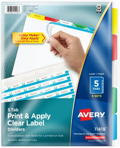 Avery Separadores de 5 pestañas para carpeta de 3 anillas, tira de etiquetas transparente fácil de imprimir y aplicar, pestañas multicolor