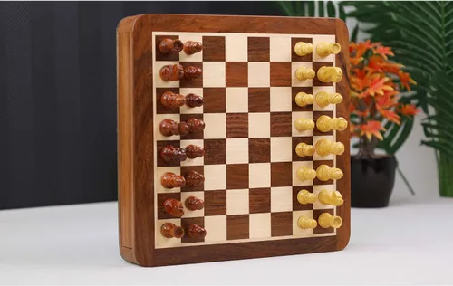 Miniatura 2 de RoyalChessMall- Juego de ajedrez magnético de viaje con cajón, 10 pulgadas, madera de palisandro dorado