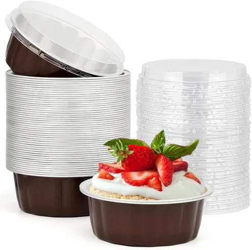 Miniatura 24 de Beasea Ramequines con tapas, 8oz 50 unidades de tazas de aluminio desechables para hornear, tazas de papel de aluminio plateado para creme brulee