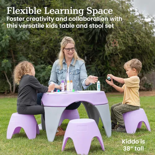 Miniatura 5 de ECR4Kids Ayana - Juego de mesa y taburete, mesa y sillas para niños al aire libre, morado claro/gris claro, 5 piezas