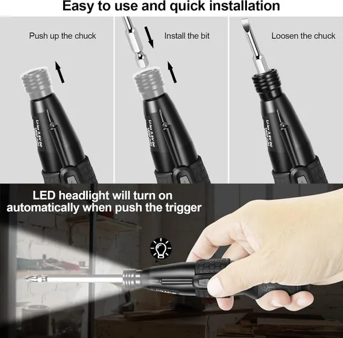 Miniatura 5 de Destornillador eléctrico inalámbrico de 3.6 V, magnético 2 en 1 (manual y automático) con avance/atrás, batería USB-C de 1800 mAh, luz de retardo