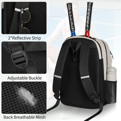 Miniatura 4 de ANILD Bolsa de tenis multideportiva para 2 raquetas con compartimento ventilado para zapatos para hombres y mujeres, Beige, Grande, Bolsa de tenis