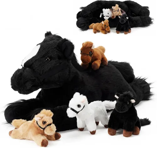 Miniatura 9 de Lenwen 5 piezas de animales de peluche de caballo de 18 pulgadas grande mamá caballo de peluche con 4 bebés en cremallera para nutrir el vientre