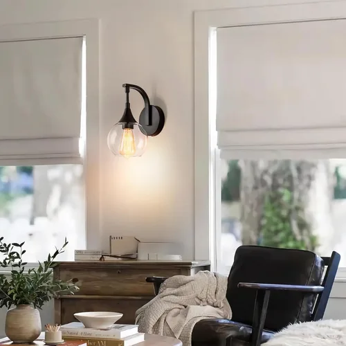 Miniatura 5 de Juego de dos apliques de pared negros, lámpara de pared moderna con pantalla de vidrio transparente, accesorios de iluminación de tocador de baño
