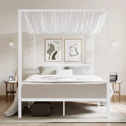 Miniatura 4 de ikalido Marco de Cama con Dosel de Metal Tamaño Completo, Marco de Cama de Plataforma Moderno de Cuatro Postes, Base de Colchón con Soporte de Blanco
