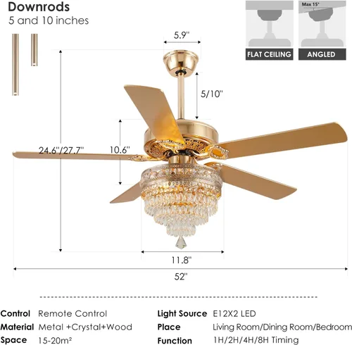 Miniatura 3 de Ventilador de Techo de Cristal Fandelier con Luces - 52" Ventilador Moderno para Exteriores con Control Remoto, Motor AC Silencioso, Iluminación