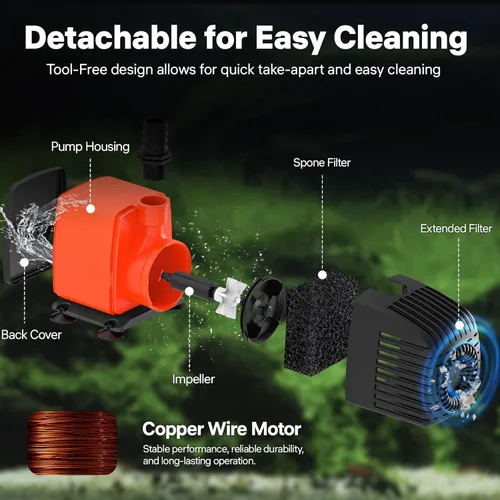 Miniatura 4 de Doko Bomba de agua sumergible, bomba de agua para acuario de 1050 GPH con cubierta de malla extendida y esponja, bomba de estanque ultra silenciosa