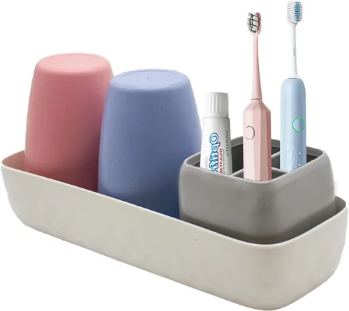 Soporte para cepillos de dientes para niños con tazas de enjuague, cepillo de dientes eléctrico y soporte de almacenamiento de pasta de dientes,