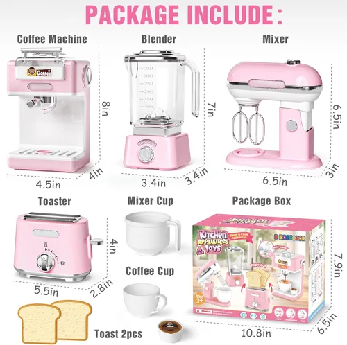 Miniatura 2 de Juego de juguetes de cocina para niños, 7 piezas sin BPA, aparatos de juego de simulación con sonido ligero, cafetera, batidora, batidora, tostadora