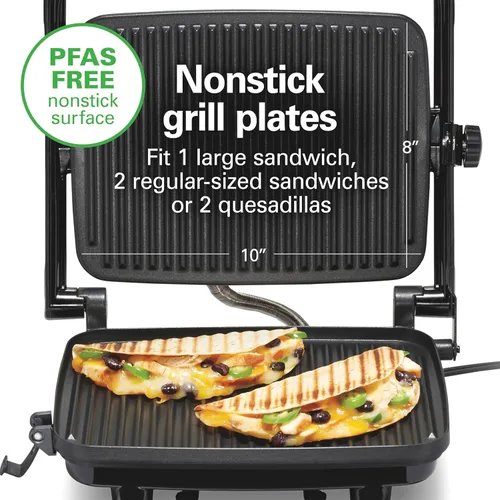 Miniatura 3 de Hamilton Beach Parrilla eléctrica Panini Press con tapa de bloqueo, se abre 180 grados para cualquier grosor de sándwich (25460A) Rejillas Acabado