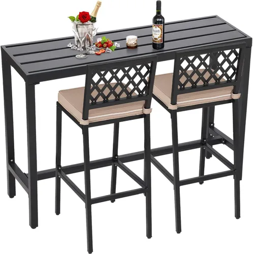 Miniatura 13 de Sillas y mesa de bar para exteriores, juego de bar de metal para exteriores, juego de mesa de bar de 3 piezas con taburetes de bar y cojines