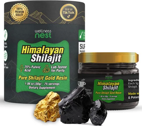 Wellness Nest Resina de Shilajit Puro del Himalaya de Grado Oro: Potencia Máxima para Hombres y Mujeres - Oro 24k, Ácido Fúlvico +75%, Informe de