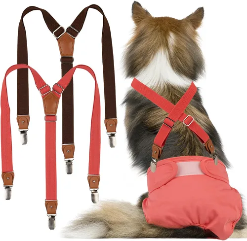 Pet Soft Tirantes para perro, 2 piezas de tirantes para pañales para perras, falda de perrito, vestido, pañales (café y rojo, M/L)