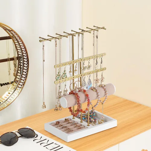 Miniatura 4 de JAZUIHA Organizador de joyas de 4 niveles dorado con organizador de collares, aretes, pulsera, caja de anillo, colgador para exhibición