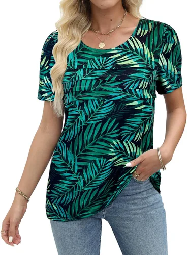 Miniatura 47 de JomeDesign - Camisetas casuales de verano para mujer, manga corta, cuello redondo, manga abullonada