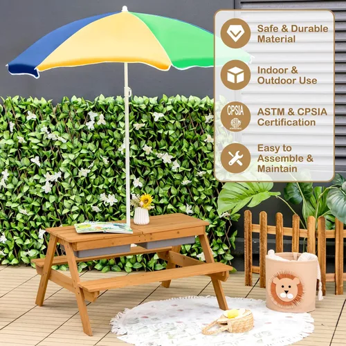 Miniatura 9 de KOTEK Mesa de picnic para niños, mesa de arena y agua 3 en 1 con mesa desmontable, 2 cajas de juego extraíbles, paraguas plegable y ajustable en Azul