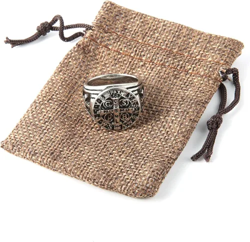Miniatura 5 de HZMAN Anillo de exorcismo de San Benito para hombres y mujeres plata de acero inoxidable cruz católica romana protección de demonios cazador