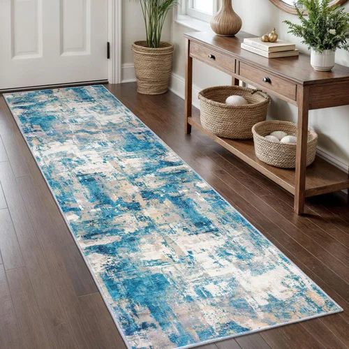 KOZYFLY – Alfombra de pasillo moderna y lavable de diseño abstracto en tono azul, 2 x 8 pies, antideslizante, de pelo corto y fabricada con fibra