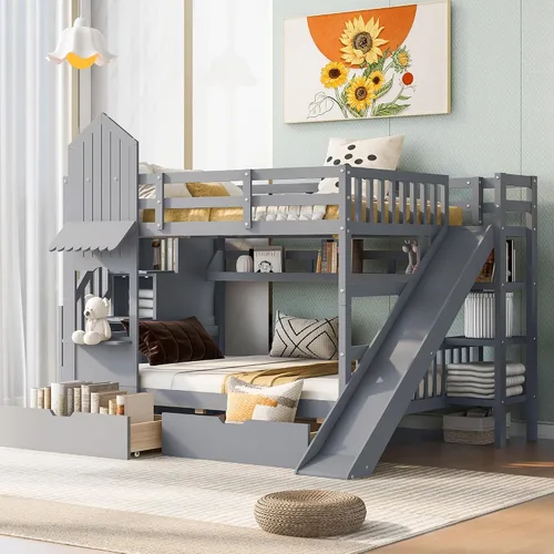 Miniatura 36 de Litera de casa individual sobre cama individual con tobogán convertible y nido, litera de madera maciza con techo y ventana para niños, verde-blanco