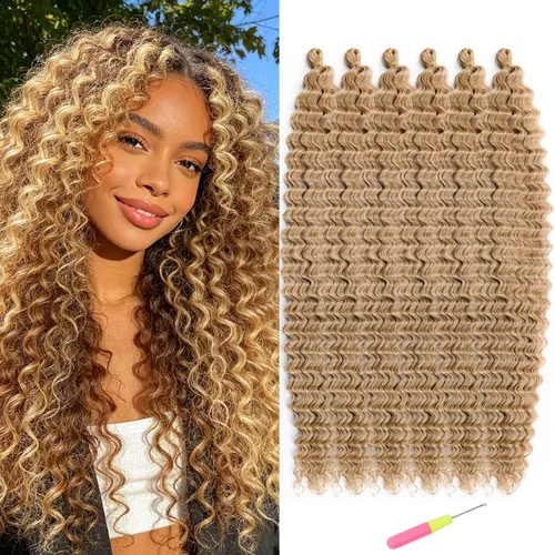 Miniatura 28 de MAYSA Extensiones de cabello sintético de ganchillo con ondas oceánicas, color 4 marrón, 22 pulgadas, rizado trenzado, extensiones de cabello