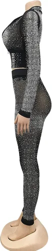 Miniatura 4 de Conjunto de 2 piezas sexy de malla con diamantes de imitación para mujer pantalones ajustados para fiesta club conjunto deportivo
