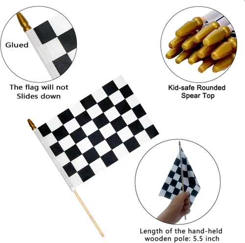 Miniatura 3 de 2 banderas a cuadros de 8 x 12 pulgadas, bandera de carreras en blanco y negro con palo de madera de 14.5 pulgadas, bandera de mano con parte