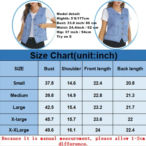 Miniatura 7 de Kedera Chaleco de mezclilla sin mangas para mujer, cuello en V, abotonado, ligero, chaqueta de mezclilla