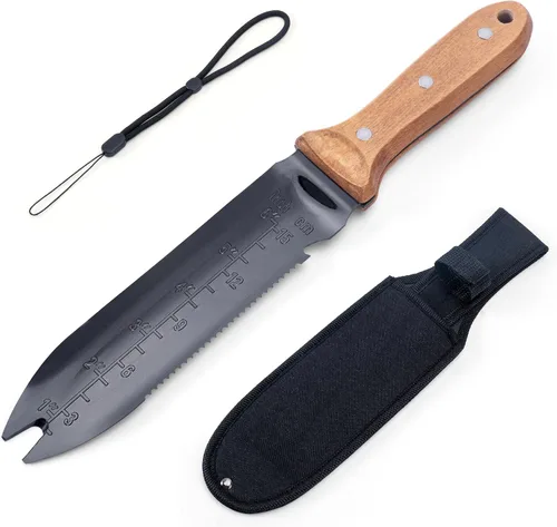 Miniatura 9 de YANG Hori Hori - Cuchillo de jardín, cuchillo de jardinería de acero inoxidable de 7 pulgadas con funda de tela Oxford, mango de madera de haya