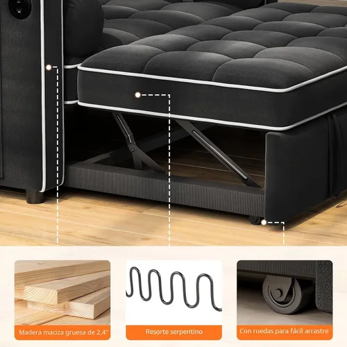 Miniatura 6 de Pipishell - Sofá cama convertible 3 en 1, sofá cama extraíble para sala de estar con puertos USB y bolsillos laterales, respaldo ajustable, de Negro