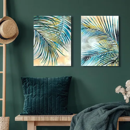 Miniatura 3 de SunFlax Lienzo de hojas de palmera: imagen de palmera tropical, arte botánico de naturaleza, verde azulado, impresión abstracta de plantas, pintura