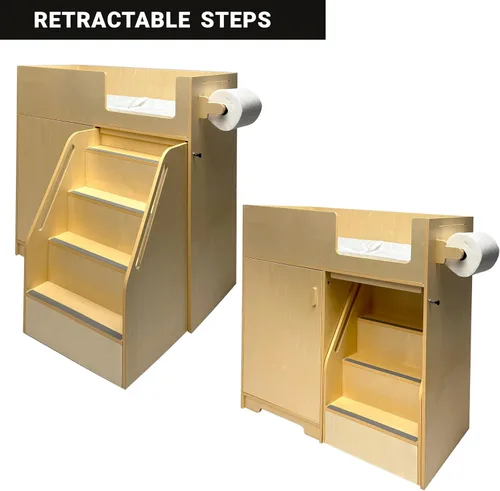 Miniatura 6 de ZETY BABY Cómoda portátil con escaleras sobre ruedas, estación de pañales de madera con 2 estantes de almacenamiento, rodillo de papel