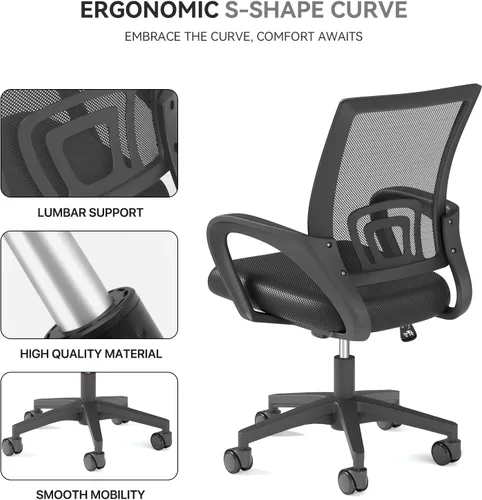 Miniatura 8 de Silla de oficina ergonómica, silla de escritorio de malla con respaldo medio, silla de computadora, color negro Soporte lumbar, modo oscilante