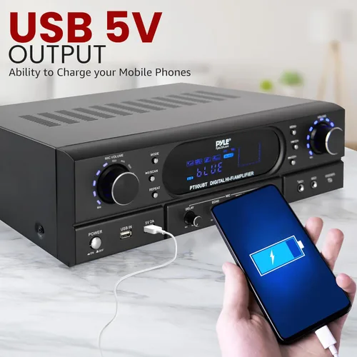 Miniatura 8 de Pyle Amplificador receptor de cine en casa Bluetooth – Amplificador de potencia máxima de 180 W con agudos, graves, control de eco, MP3/USB/FM